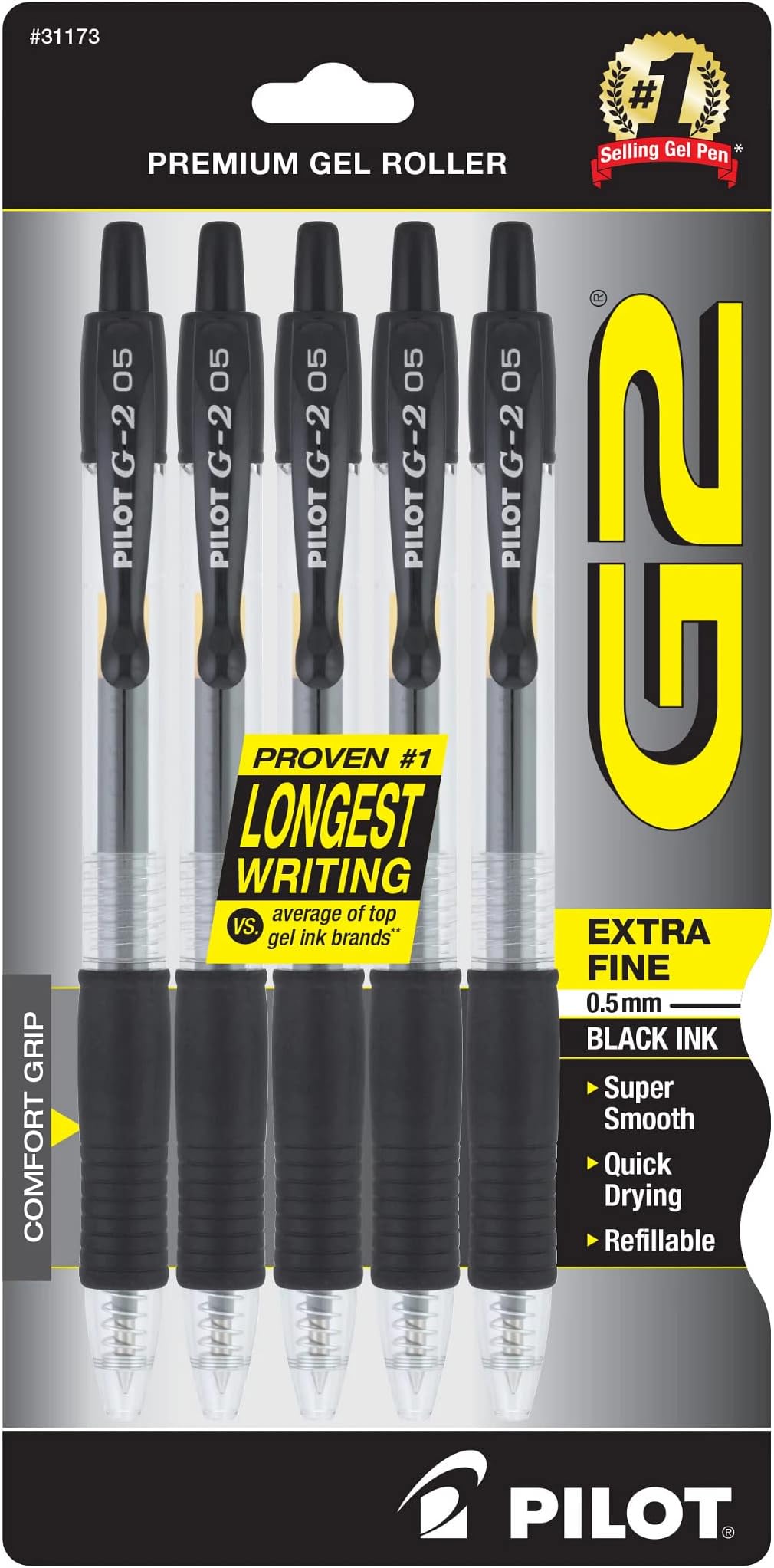 Pilot G2 ノック式ボールペン 高級ジェルインク 極細 5-Pack