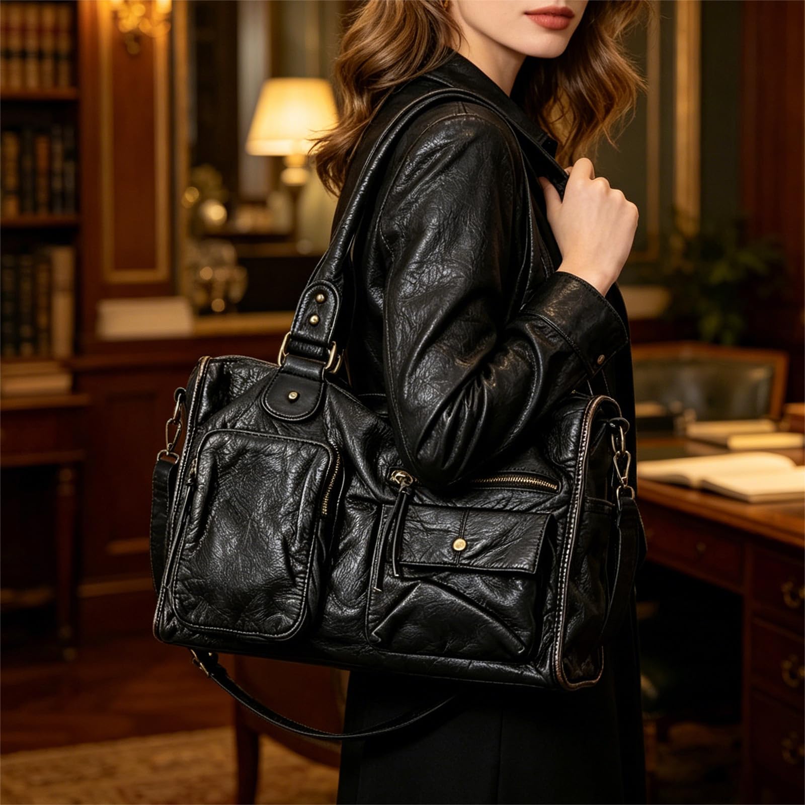 Bolso de mano de piel sintética de gran capacidad con asa superior bandolera con cremallera para oficina diaria salida