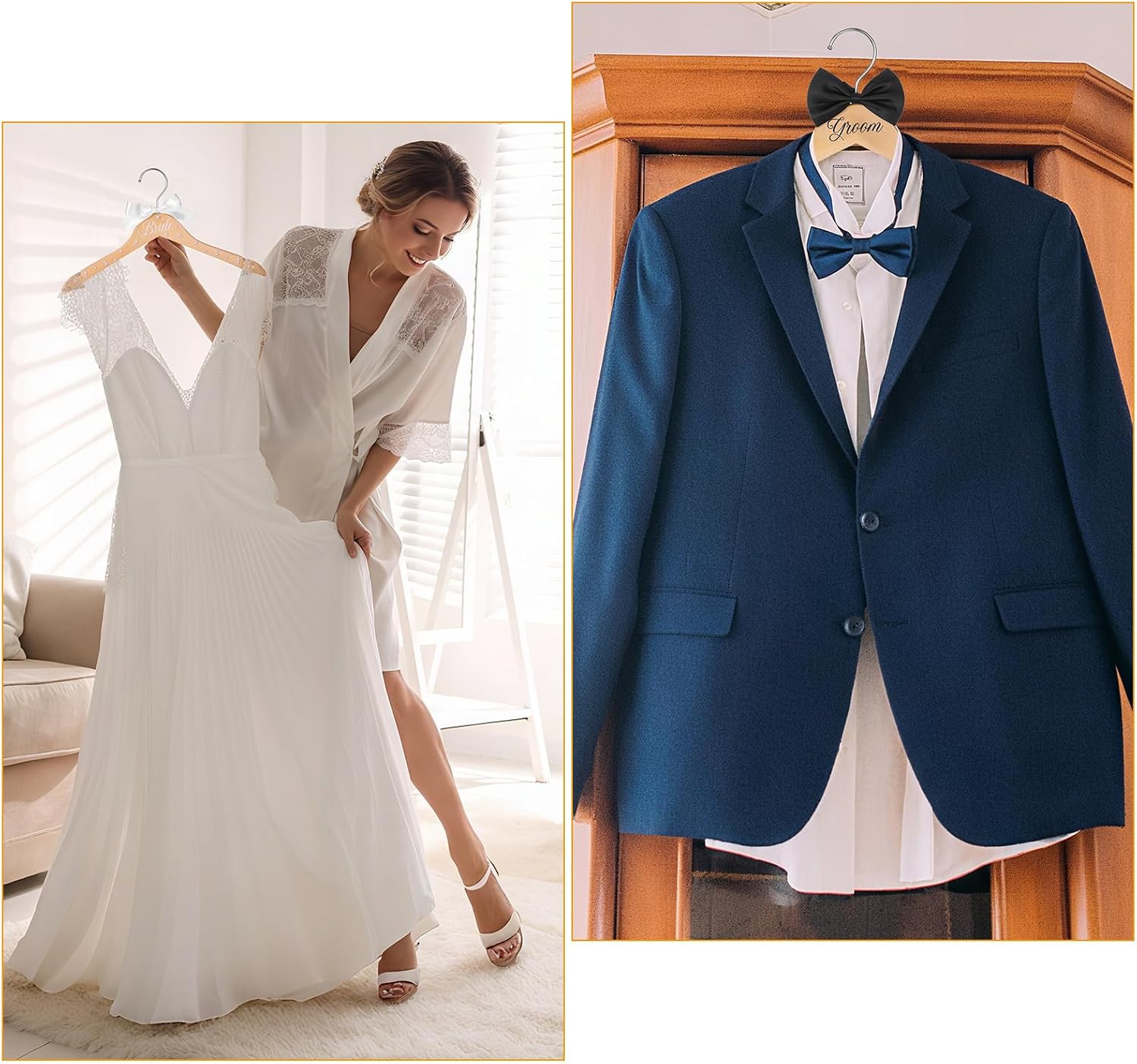 Beeveer 2 Pack Bride and Groom Wedding Hanger Set Pearls Bow Tie, Fresh