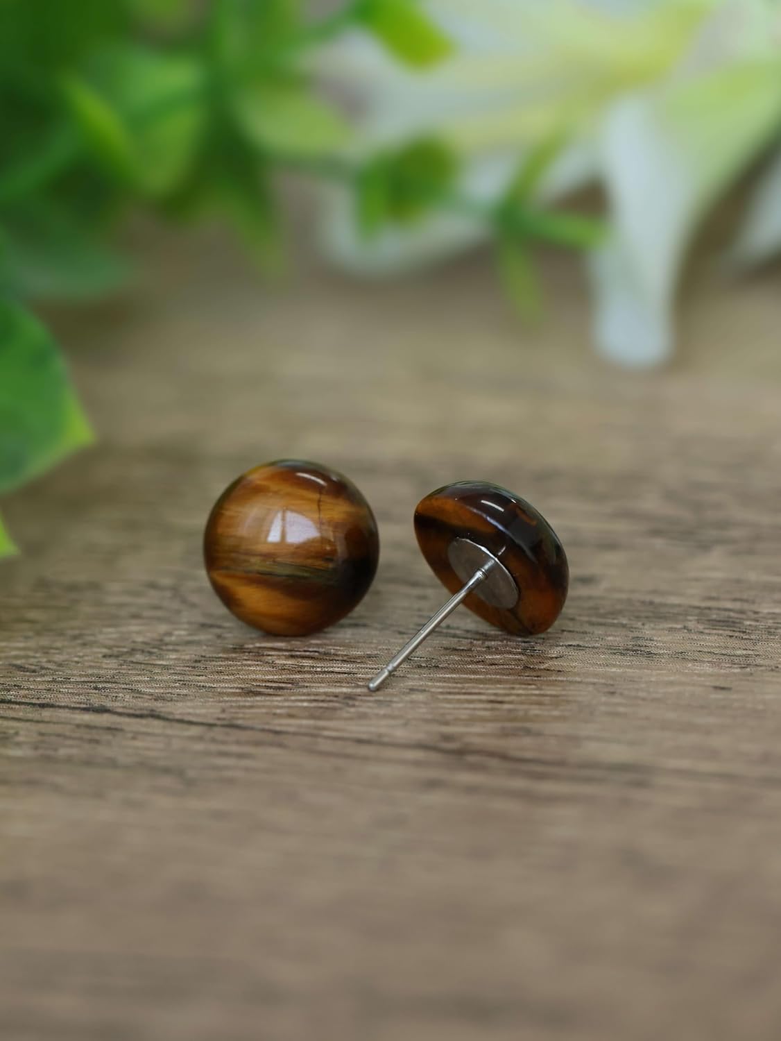 Tiger Eye Stud Earrings for Women Trendy – Mens Half Circle Large Flat Back 12mm Earring Studs – Bronze Black Round Studs - Natural Gemstone Half Ball Brown Stone Post Earrings - Hypoallergenic - Surgical Steel - Everyday - Handmade tigers eye Jewelry - Unique Womens Gift - Birthstone Birthday Gift for Men - Image 6