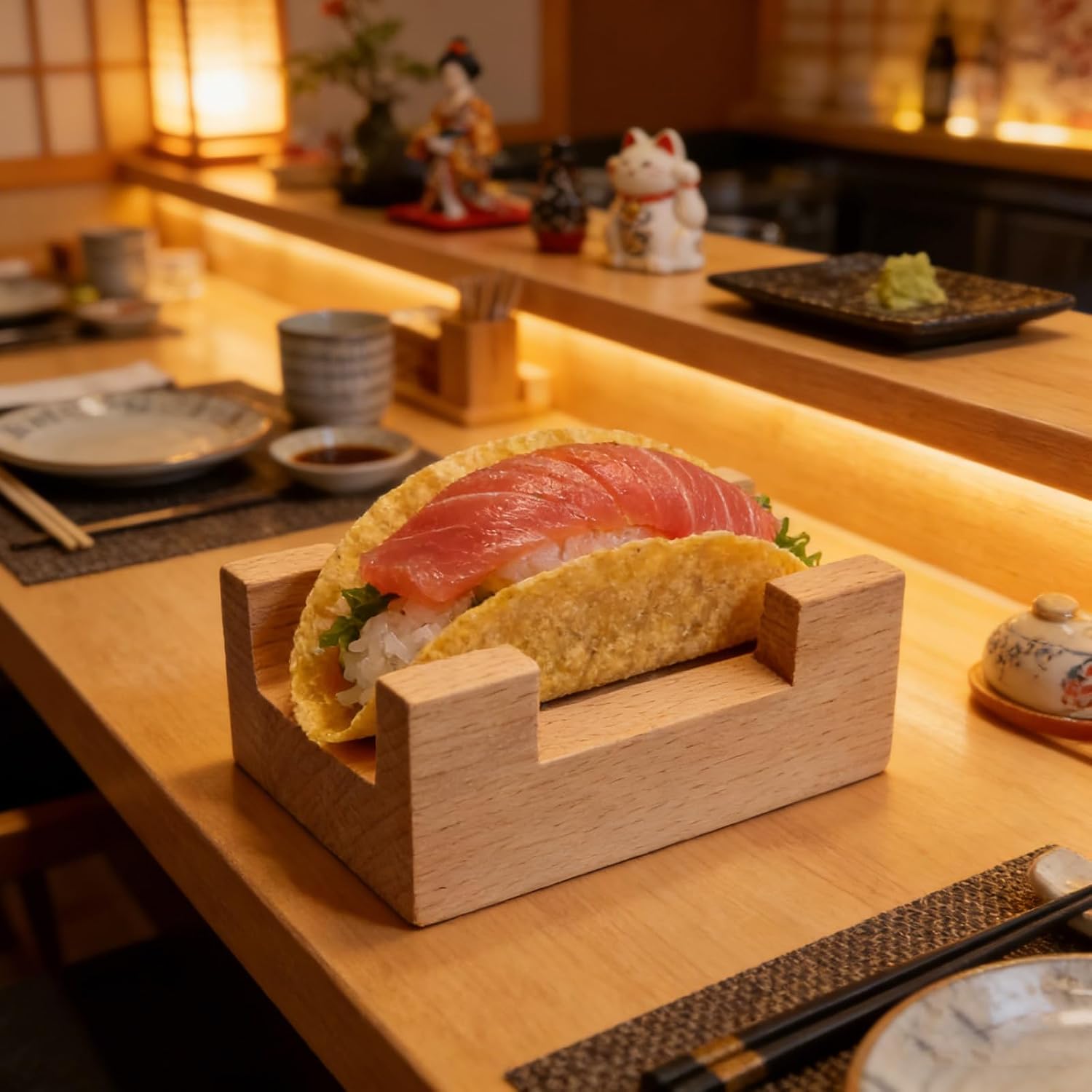 Wooden Sushi Taco Holders: Sushi Hand Roll Holder Stand Rack - Wooden U Shaped Sashimi Plate Platter for Restaurant Catering Kitchen Serving