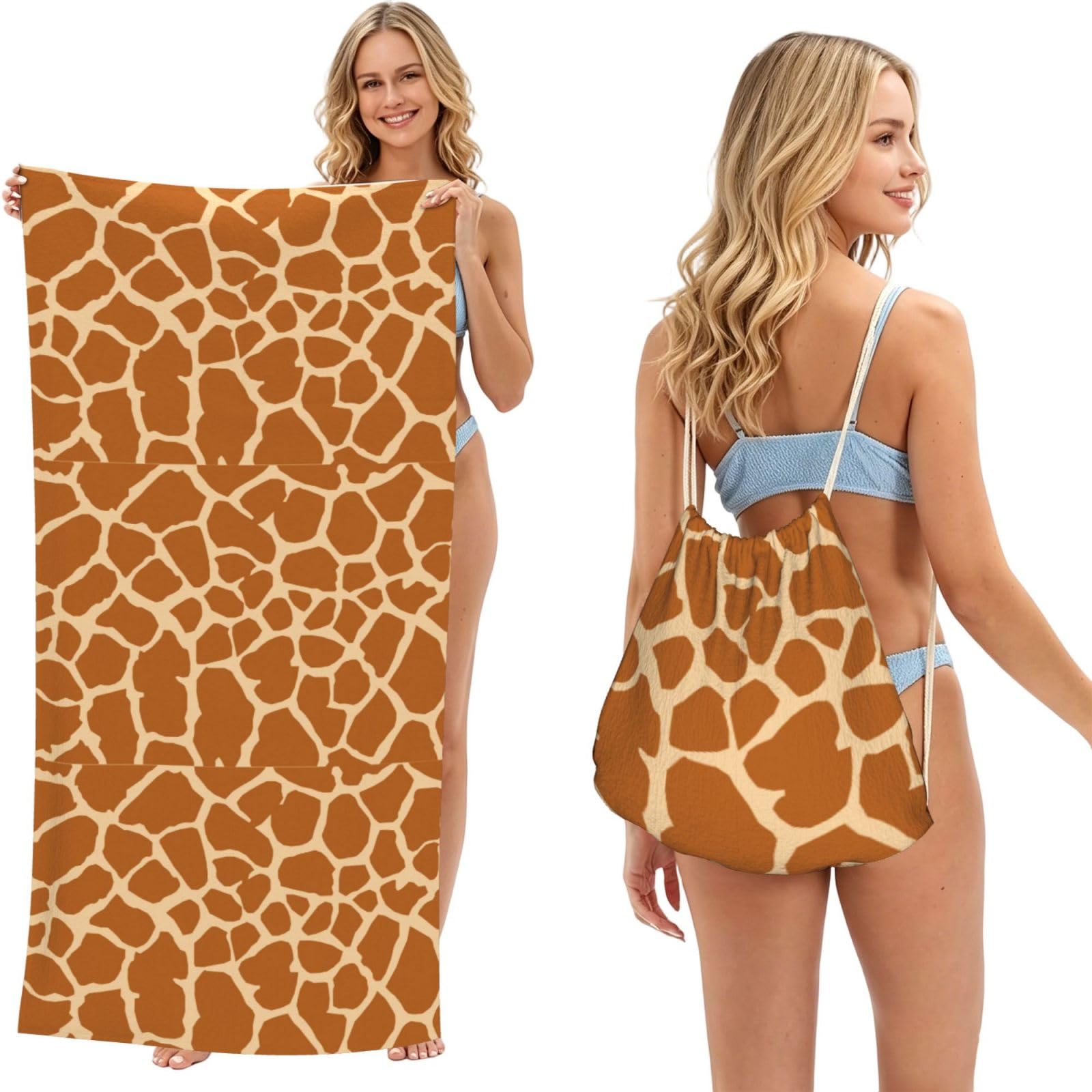 Poadnly As Picture Giraffe Giraffe, 2 In 1 Packable Towel Bag, Beach Towels With Drawstring Backpack For Travel Holiday Camping