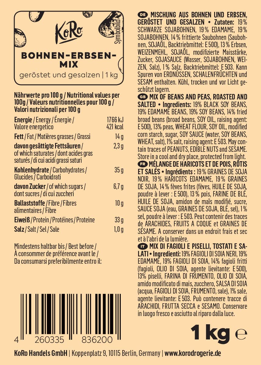 KoRo - Mix di legumi tostati e salati 1 kg - snack vegetale ricco di proteine, vegano, conveniente, con fagioli di soia, edamame e piselli