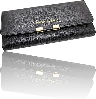 محفظة من الجلد الصناعي للنساء، بتصميم عصري كوري باللون الأسود، متعددة الأقسام مع فتحات للبطاقات وحافظة للعملات