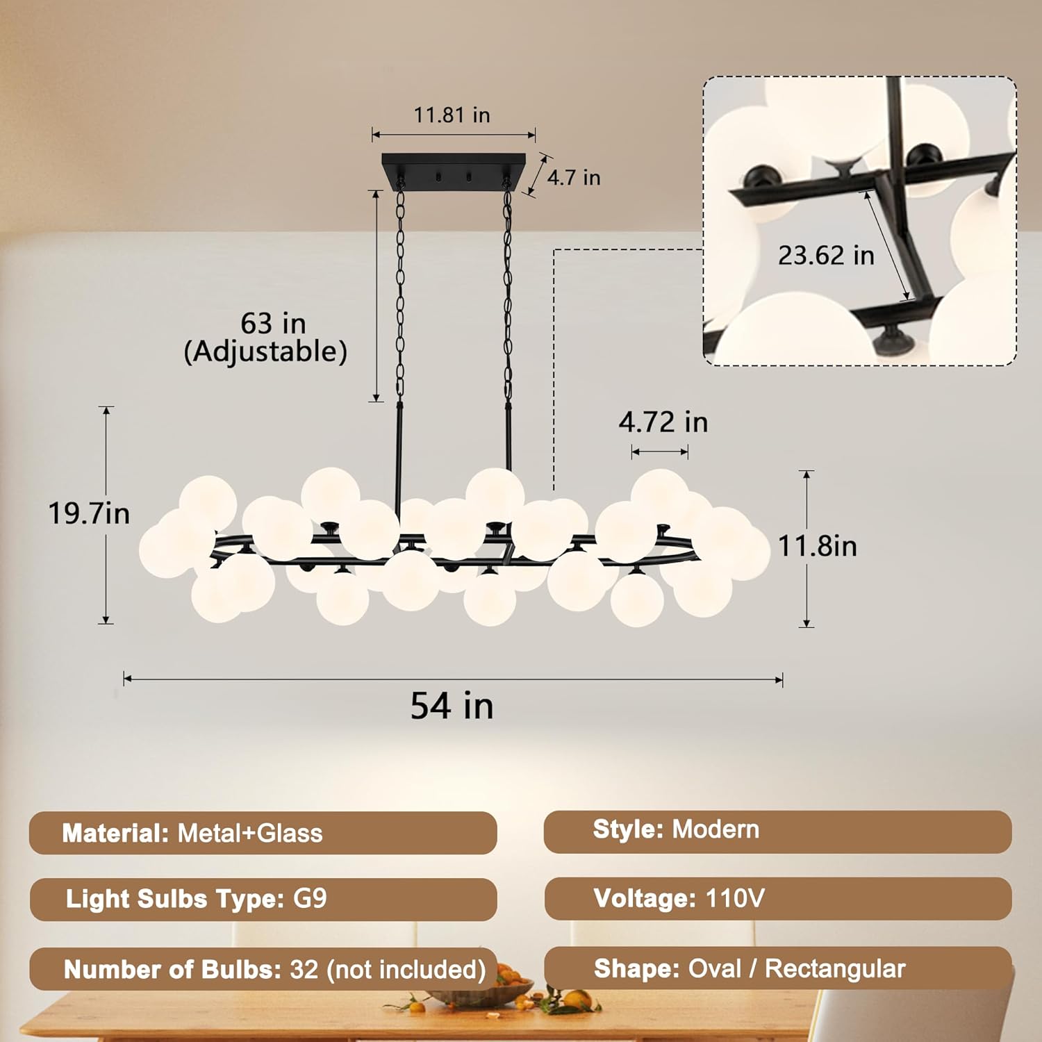 54'' Large Oval Sputnik Chandeliers Modern Chandeliers for Dining Room 32-Light Extra Large Chandelier with Milky White Glass Oval Chandelier for Living Room Over Table Kitchen Island Villa G9 Socket