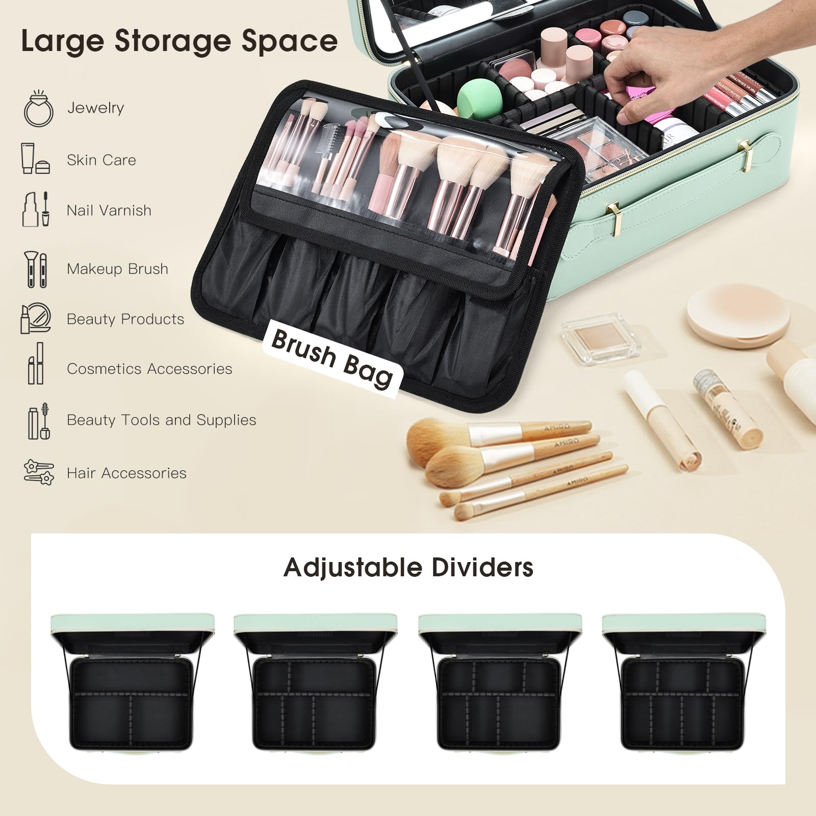 Großer Make-up-Koffer mit LED-Spiegel, abnehmbarer beleuchteter Spiegel, PU-Leder, tragbar, Make-up-Künstler, mit Trennwänden, Make-up-Pinselhalter, mintgrün, Klassisch
