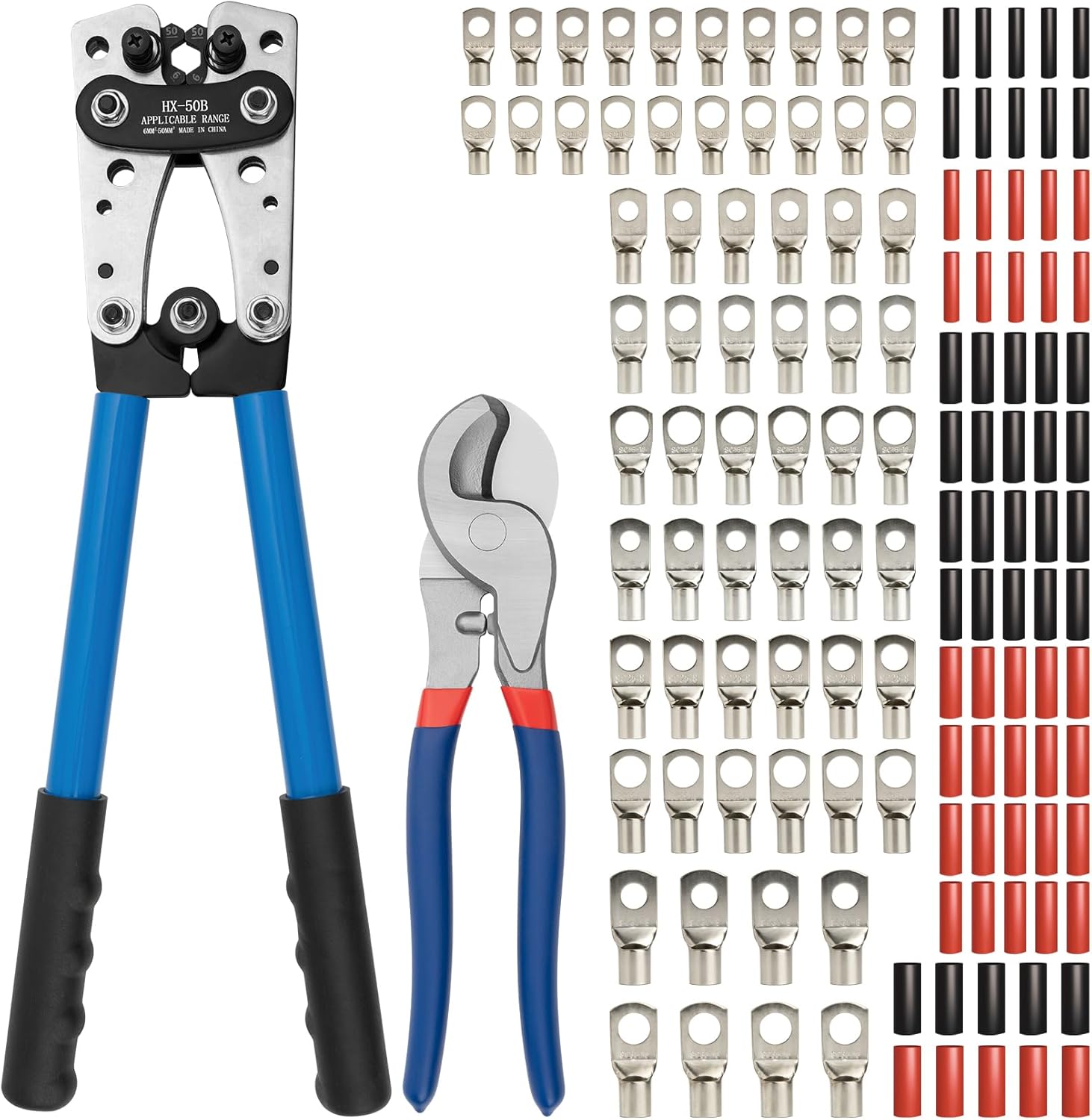 Battery Cable Lug Crimping Tool Kit, AWG 10-1/0 Gauge Wire Crimper, Battery Cable Crimper Tool with Cable Cutter, 64pcs Copper Wire Lugs, 70pcs Heat Shrink Tubes