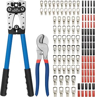 JOYUMY Battery Cable Lug Crimping Tool Kit AWG 10-1/0 Wire Crimper with Cutter, 64 Copper Lugs, 70 Heat Shrink Tubes