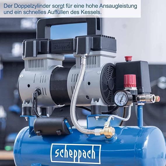 Scheppach HC08Si ultra sessiz kompresör | 8 bar | 6 l hazne | 1,5 HP / 1100 W | yağsız ve az bakım gerektirir | debisi 162 l/dk | Sessiz kompresör