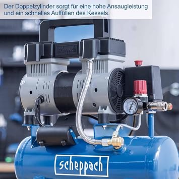 Scheppach HC08Si ultra sessiz kompresör | 8 bar | 6 l hazne | 1,5 HP / 1100 W | yağsız ve az bakım gerektirir | debisi 162 l/dk | Sessiz kompresör