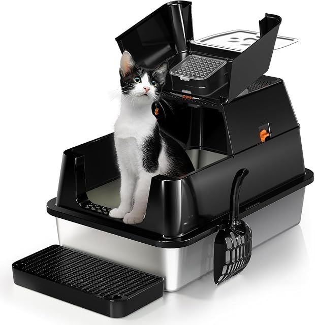 Arenero Acero Inoxidable Gatos, Caja de Arena para Gatos con Tapa Abatible de 180°, fácil de Limpiar, 60 x 40…