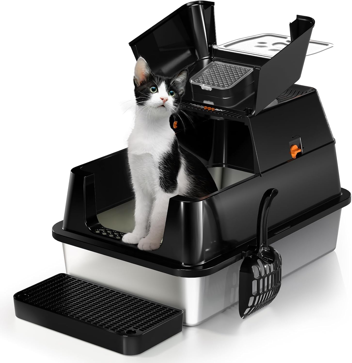 Lettiera per Gatti in Acciaio Inox, paletta lettiera gatto,Lettiera Gatto Chiusa XXL, Contenitori per lettiere con Pala, Doppio Strato Opaco Toilette per Gatti, Cassette igieniche per gatti - Nero