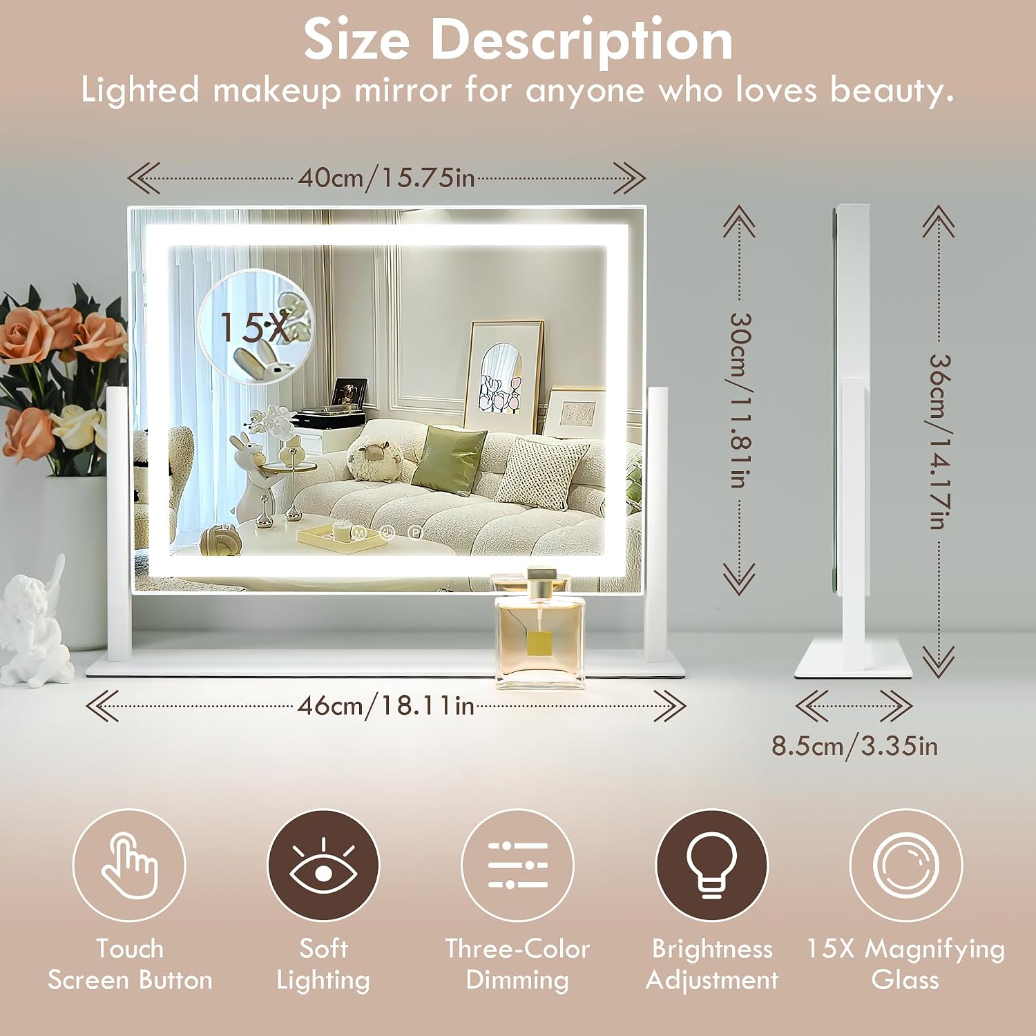 LuxeVue Vanity Mirror with Lights, 40 x 30cm LED Makeup Mirror,Freestanding Light Up Vanity Mirror with 3 Colors Dimmable, Touch Sensor, Round 3.5″ 15X Spot Magnifying, 360 Rotation (White)