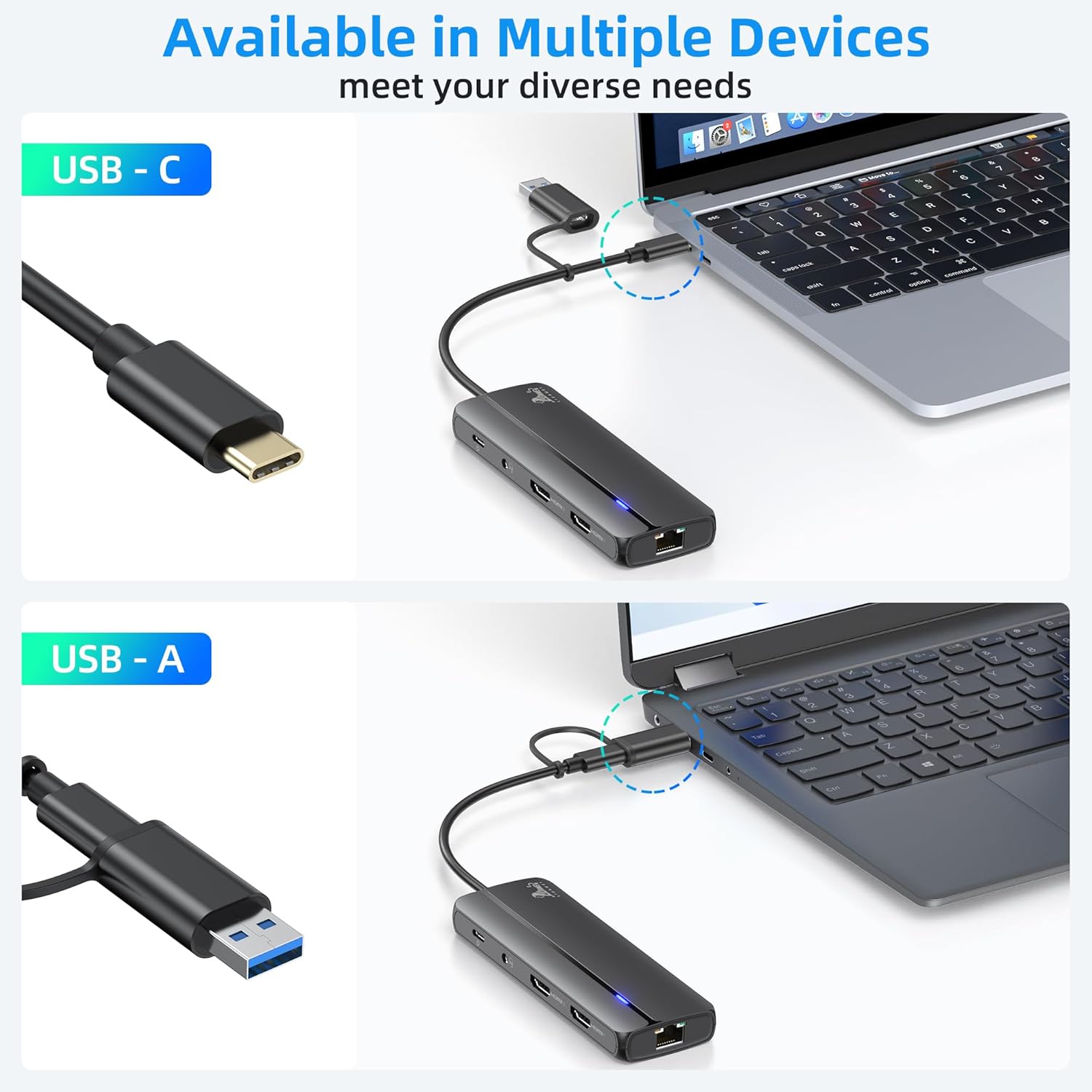 Docking station connected to a USB-C laptop and a USB-A laptop