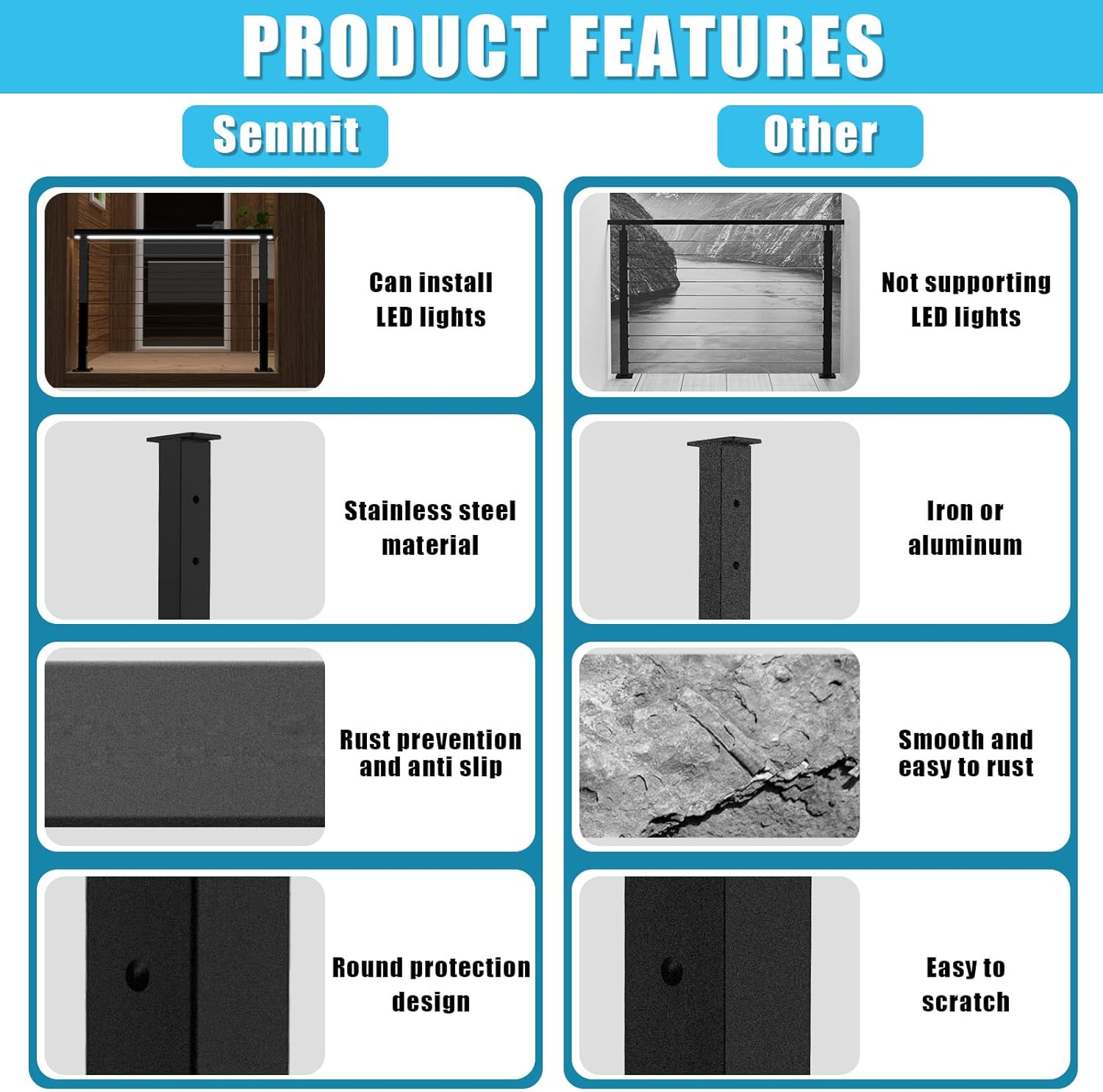 42" Cable Railing Post Kit, 4 Level Post Kit Complete Set Cable Railing System for Deck,Porch,Balcony(No Handrail)
