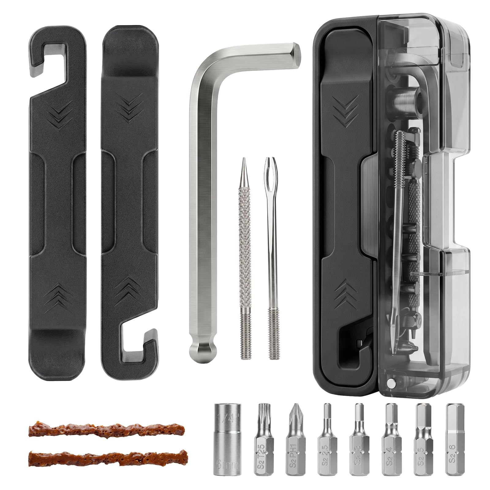 EMERK Fahrrad-Reparatur-Werkzeug-Set, tragbares Fahrrad-Multifunktionswerkzeug mit L-Schlüssel, 7 Bits, 0,6 cm Adapter, Reifenheber und schlauchloses Reifenstecker-Set für Straße, Mountain und E-Bikes