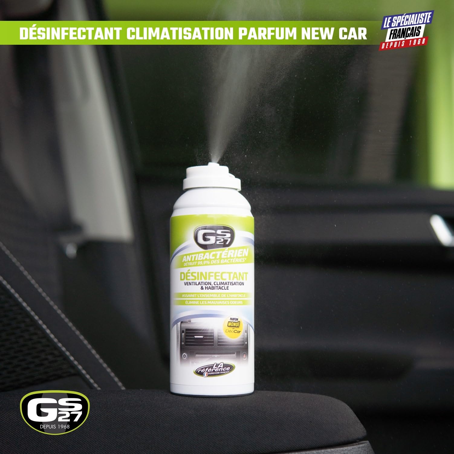 GS27 - Désinfectant Climatisation Voiture - Assainit la Ventilation et l'Habitacle - Parfum Monoï, Dark Sensation
