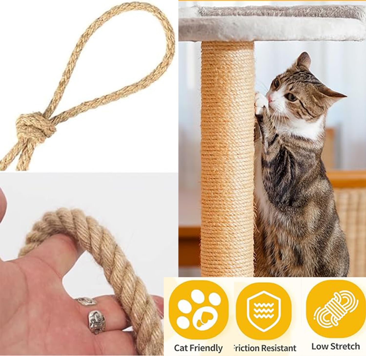 Corda tiragraffi per gatti, corda in sisal spessa, corda di iuta di canapa naturale per la sostituzione del tiragraffi, giardinaggio, decorazione fai da te, rilegatura (22 mm x 20 m)
