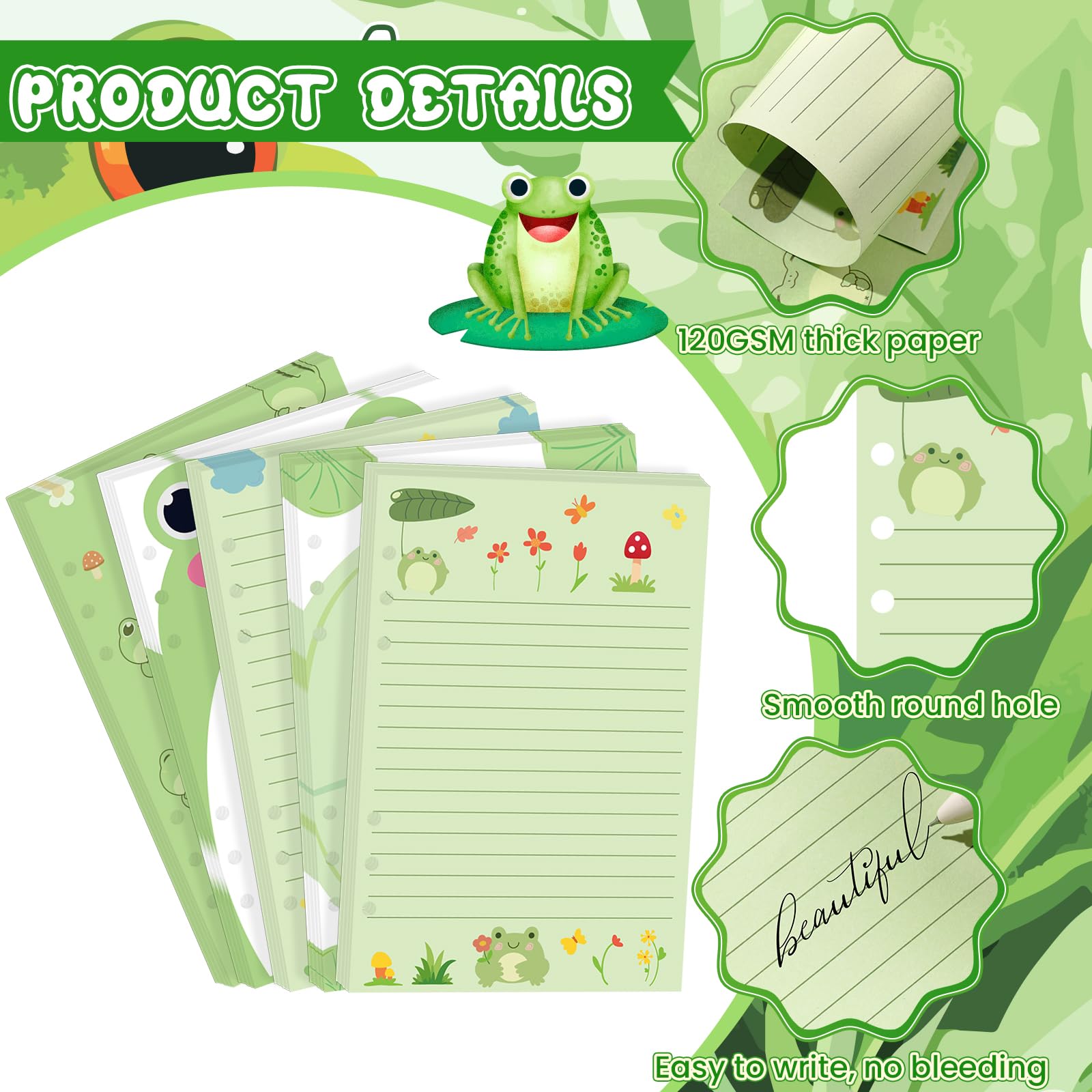 Lot de 100 feuilles de feuilles de papier de rechange épais en forme de grenouille verte A5 pour classeur A5 à 6 anneaux, feuilles mobiles pour journal intime, planification créative, budget, remise