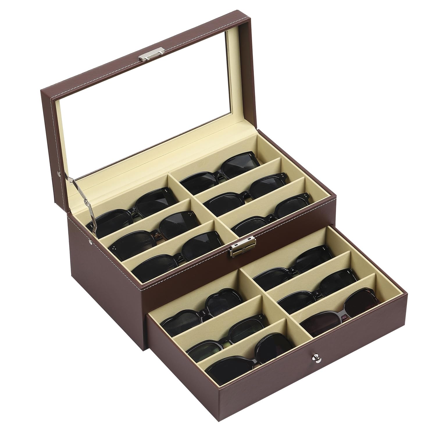 AUTOARK Leather 12 Piece Eyeglasses Storage and Sunglass Glasses Display Drawer Lockable Case Organizer,Brown,AW-129