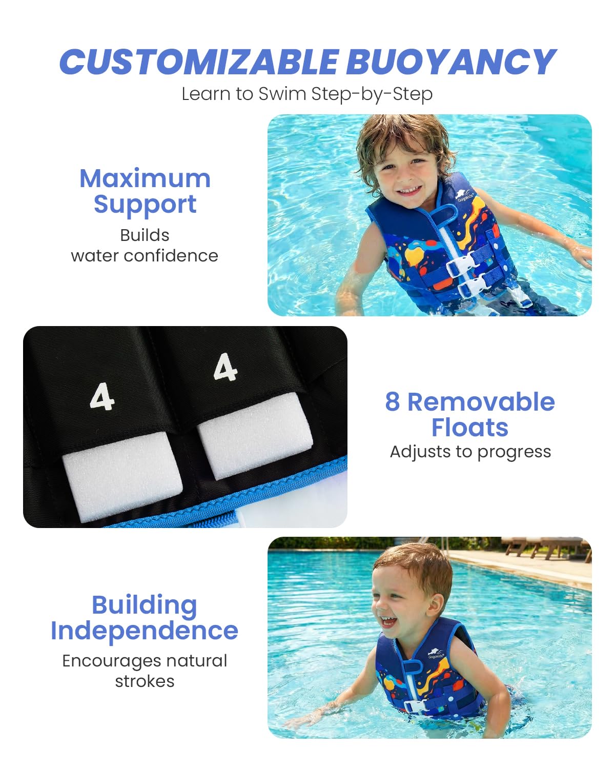 Gogokids Gilet de Natation pour Enfant 1 à 9 Ans - Veste de Flottaison Bébé, Flotteur Amovible Combinaison, Entraînement de Natation.