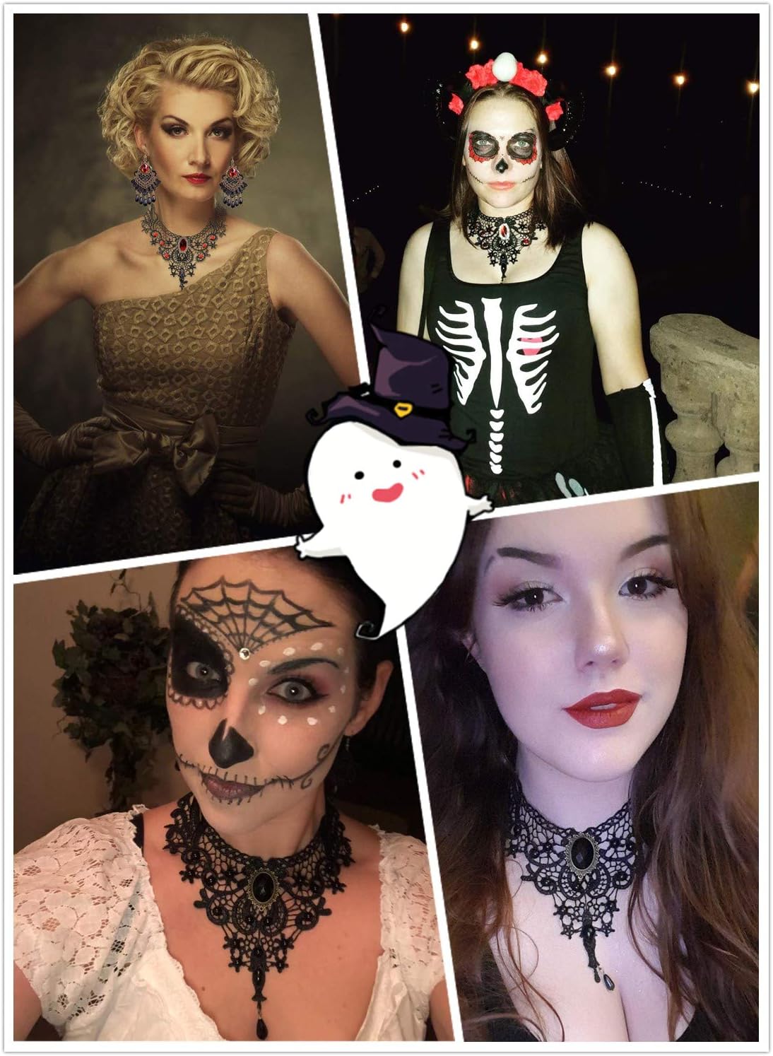 Choker Necklace Earrings Set for Halloween Punk Steampunk Costume Party Women Gothic Black Lace Necklace Vintage Lolita Victorian Halloween Choker Vampire Pendant (Red) - Image 6