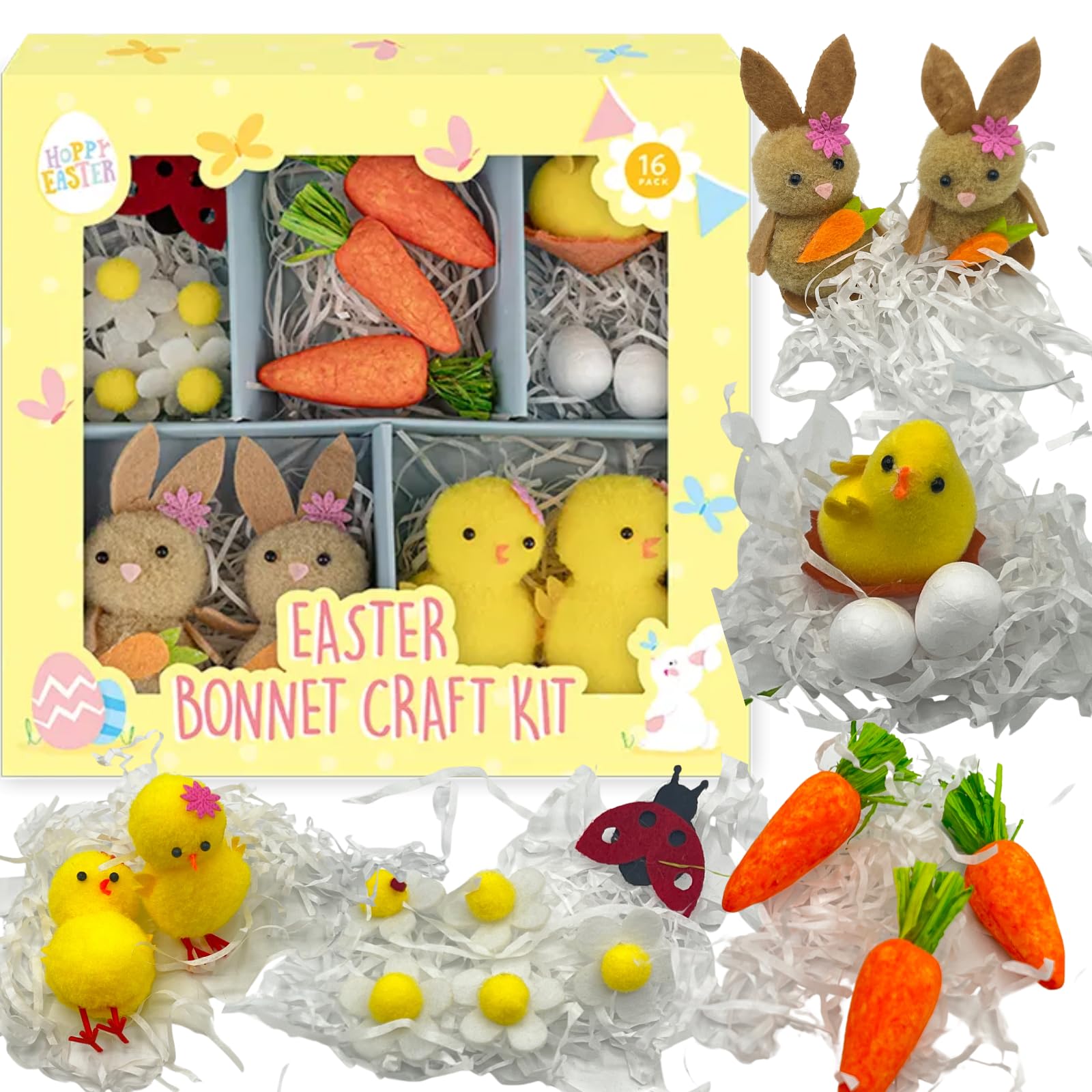 Beulahziba Mart Multicolour Easter Bonnet Decorations Kit - 16 Pieces Bonnet Accesories Includes Chicks, Bunny, Eggs, Daisies, Carrots - Arts And Crafts For Kids, Easter Hat Decorations Gifts For Kids