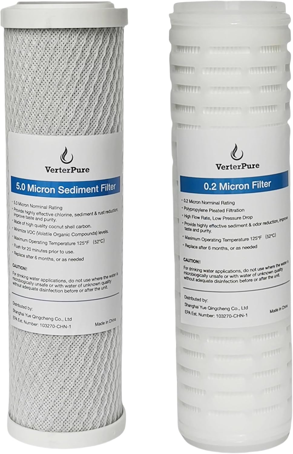 Replacement Water Filters Two Pack, 10inch 2.5"x10", with 5.0 Micron Coconut Shell Carbon Block and 0.2 Micron Filter