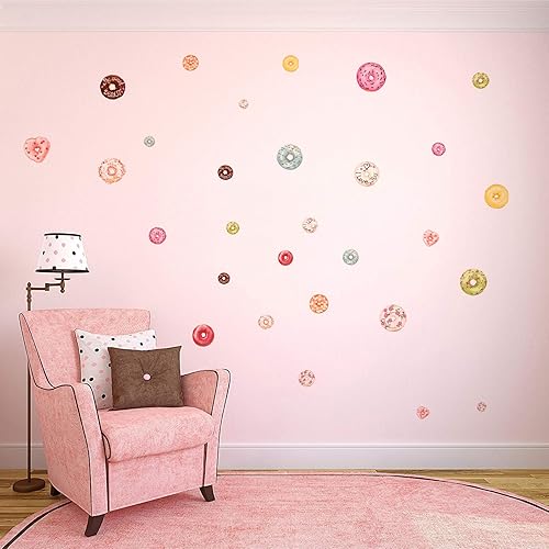 Miniatura 9 de Maydahui 4 hojas (48 unidades) calcomanías de pared de donas de postre de 11 pulgadas, decoración de comida kawaii para guardería, decoración de