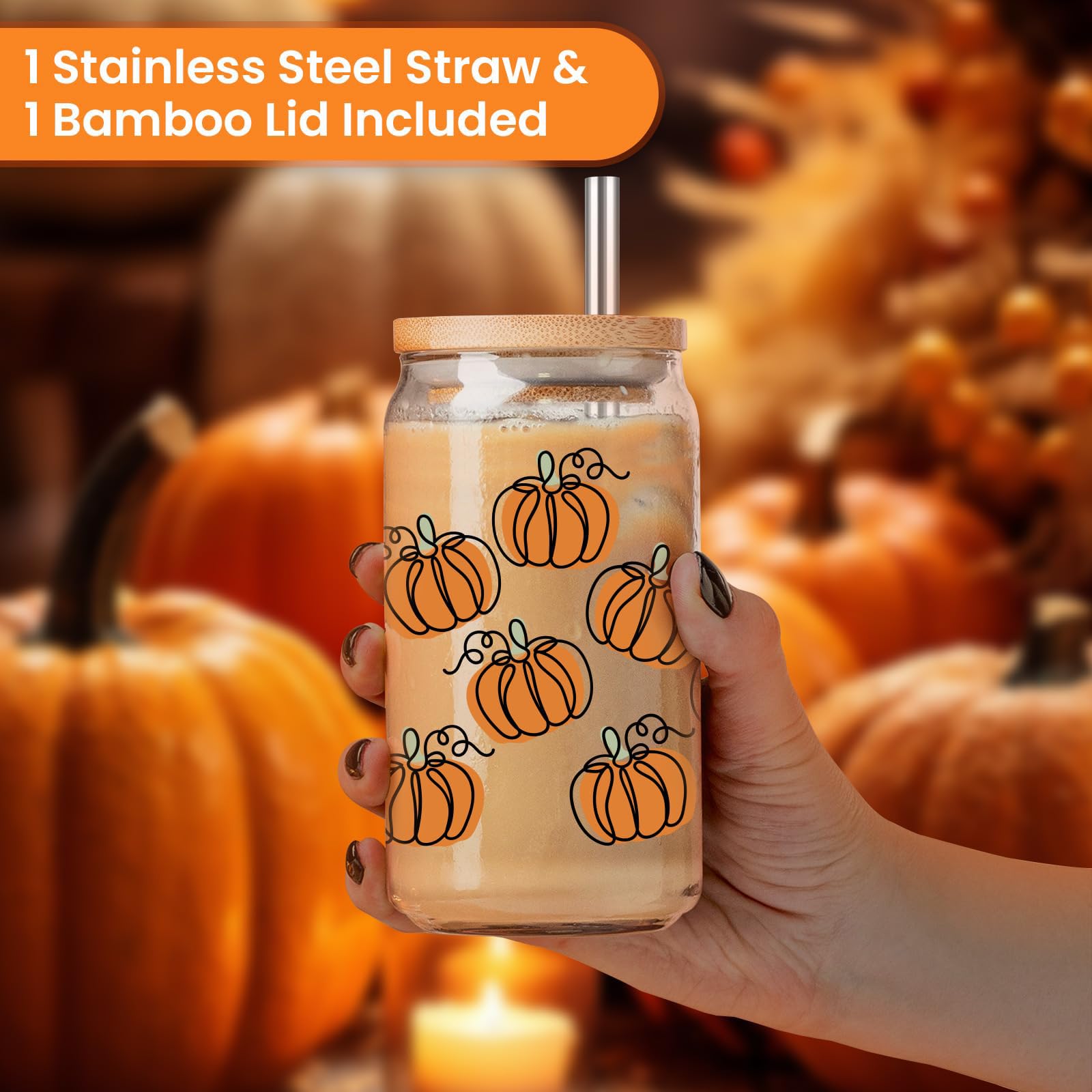 Tumbler Halloween 480ml – Tasse à Café Glacé Motif Citrouille – Avec Couvercle, Paille Inox Et Brosse – Cadeau Automne/Thanksgiving