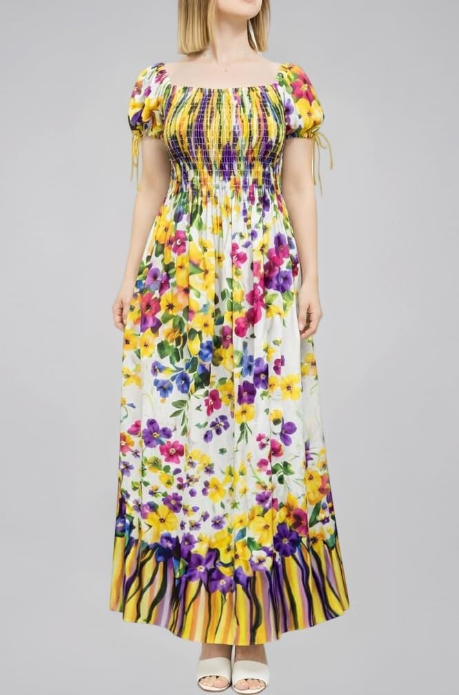 Women’s Floral Maxi Dress | Boho Summer Long Dress with Smocked Waist & Puff Sleeves | Lightweight Casual Beach Maxi Dress