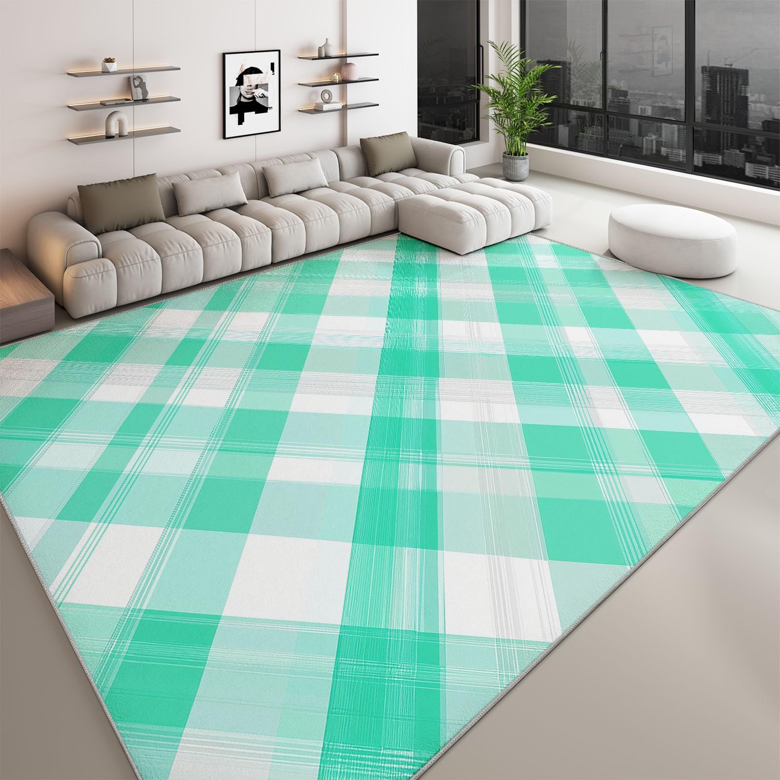Dywan można prać w pralce 140 x 200 cm Sztuka współczesna, antypoślizgowy krótki włos - Mięta zielony dywan z nadrukiem w kratkę do salonu sypialni kuchni przedpokoju i biura