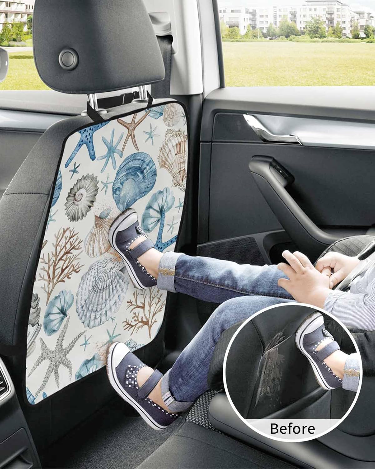 T&H XHome Car Seat Protector, 2 Pack Kick Mats Back Seat Protector Summer Ocean Blue and Brown Starfish Seashell Coral Waterproof Backseat Cover for Kids Universal Fit Automotive Interior Protectors