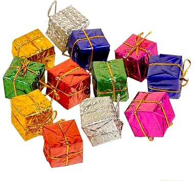 Shiny Mini Christmas Tree Ornaments, 24-Piece Set - Metal Foil Wrapped, Decoration Boxes