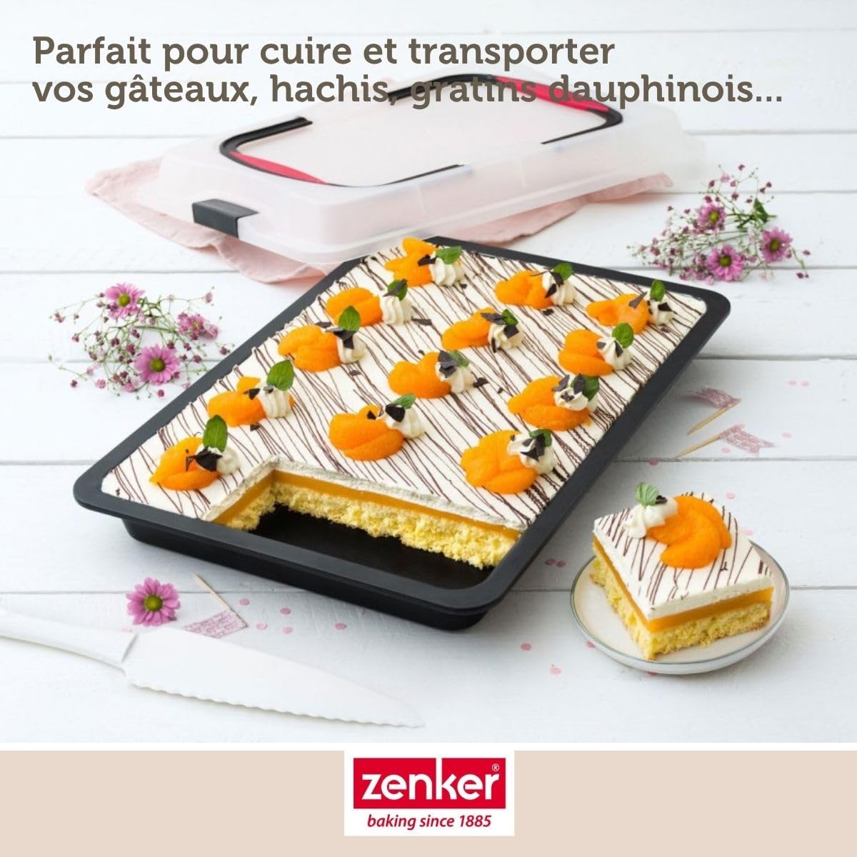 Zenker 7903 plaque de cuisson avec couvercle, plaque pâtisserie four, boite de transport gâteau, boite gâteau rectangulaire, Acier inoxydable, 42 x 29 x 7,5 cm