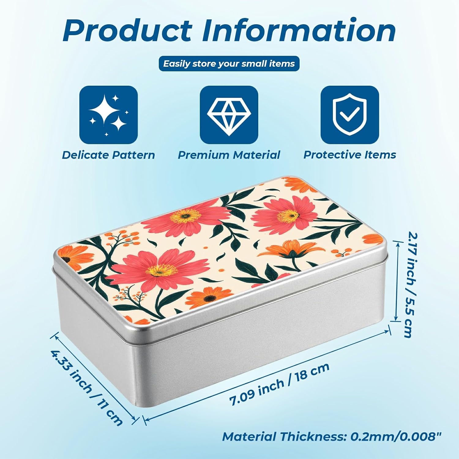 Metal Tin Box with Lid, Rectangular Silver Metal Storage Container, 7.09"×4.33"×2.17" Gift Decorative Empty Box, Coral Flowers image 2