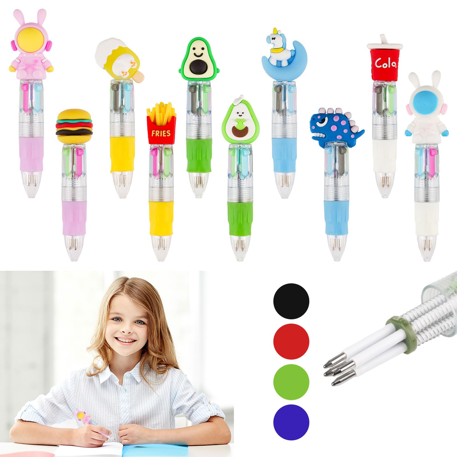 Deepton Multi Coloured Pens All in One, 4 Colours Pens for Kids, 10 Pack Mini Pen Set, Fun Cartoon Multicoloured Pen for Children's Day Christmas Birthday Paper Party Bags