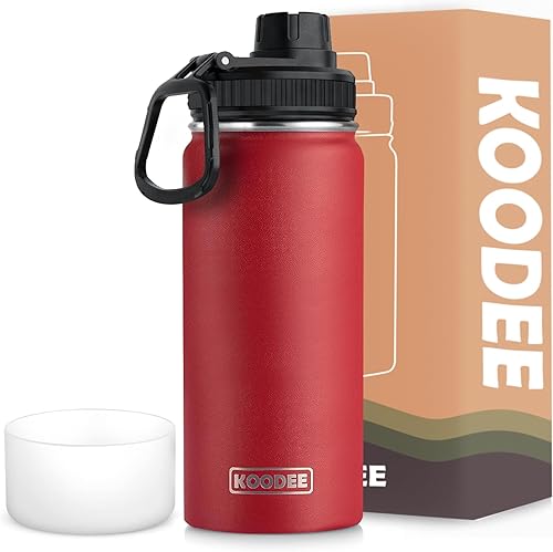 koodee Botella de agua aislada, 18 onzas, acero inoxidable, doble pared, al vacío, botella deportiva de boca ancha con tapa de boquilla a prueba de