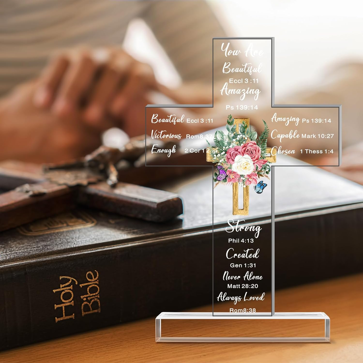 Chunful Christian Religious Gift for Women Acrylic Decorative Cross Standing Decor Jesus Catholic Bible Scripture Inspiration Gifts Cross for Mother Day Women Men Friends Coworker(Delicate Style)