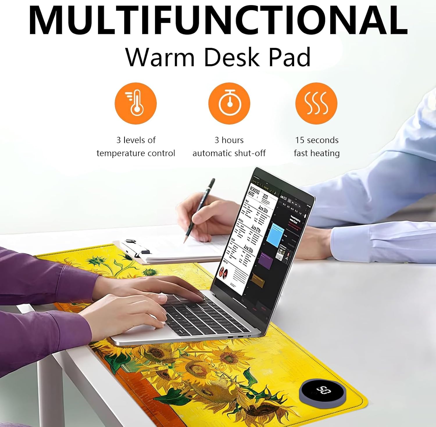 Heated Mouse Pad with 3 Levels Heated & 3 Hours Auto Shut-Off Mouse Pad for Warming Hands in Office Home, 31.5" x 13"Large Safe Desk Mat Hand Warmer，Sunflowers