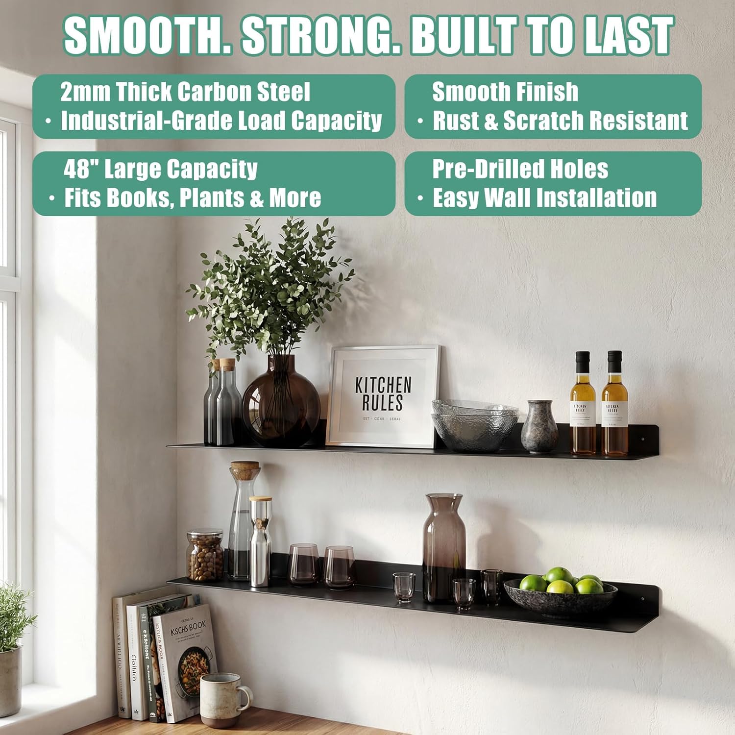 Moxweyeni 2 Pack Black Floating Shelf for Wall Heavy Duty Carbon Steel Shelves 48 x 8 Inch Metal Wall Mounted Modern Rustic Farmhouse Designed Shelf for Kitchen Bathroom Garage, Smooth Coated