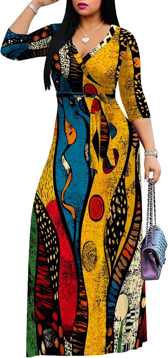 domirica Plus Size African Dresses for Curvy Women Maxi V Neck 3/4 Sleeve Loose Fit Boho Fashion Elegant Flowy Dress