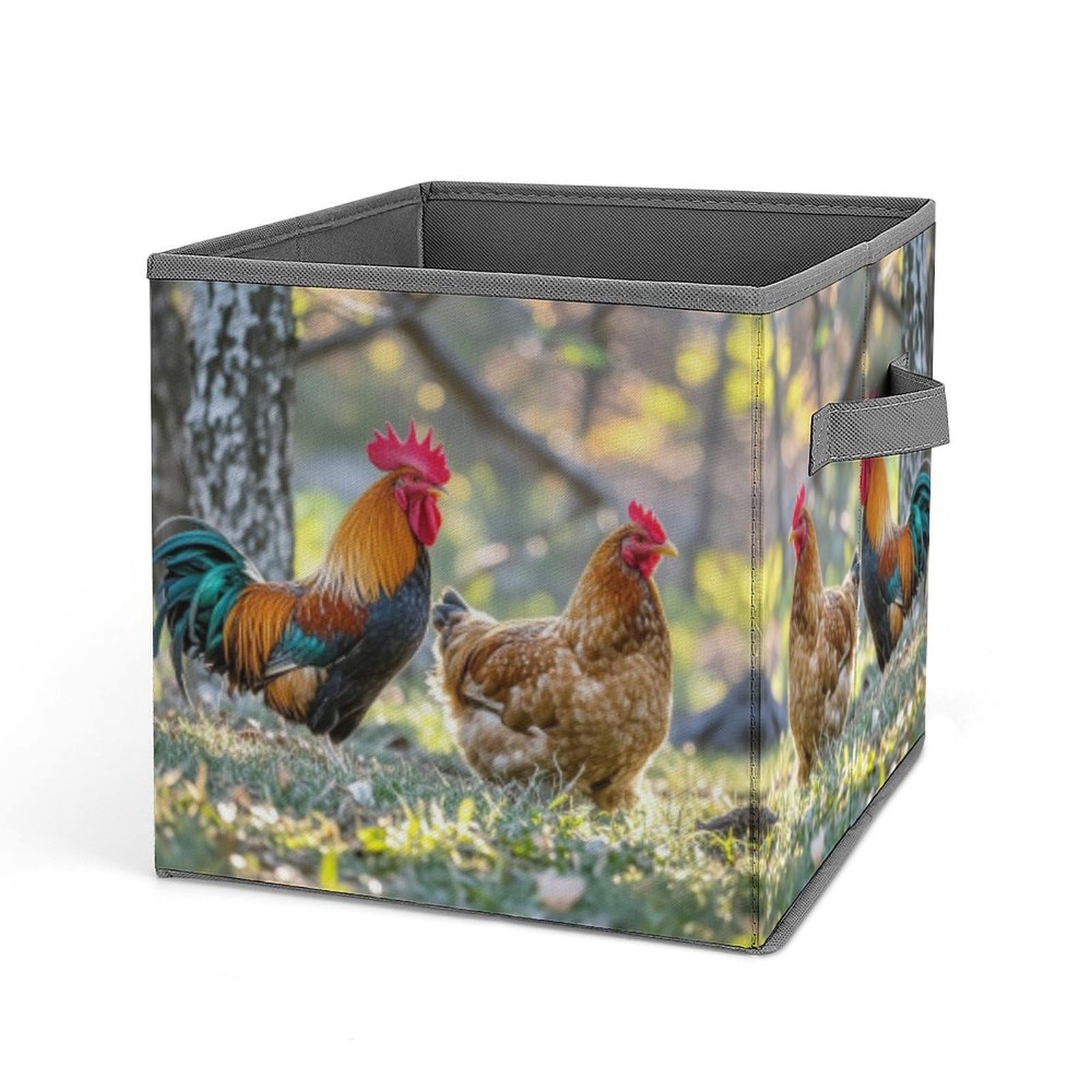 FekiLoot Beautiful Rooster Hen Folding Storage Bins with Handles Large Fabric Storage Cube Storage Organizer Heavy Duty Closet Organizer Sturdy Collapsible Bin Foldable Baskets
