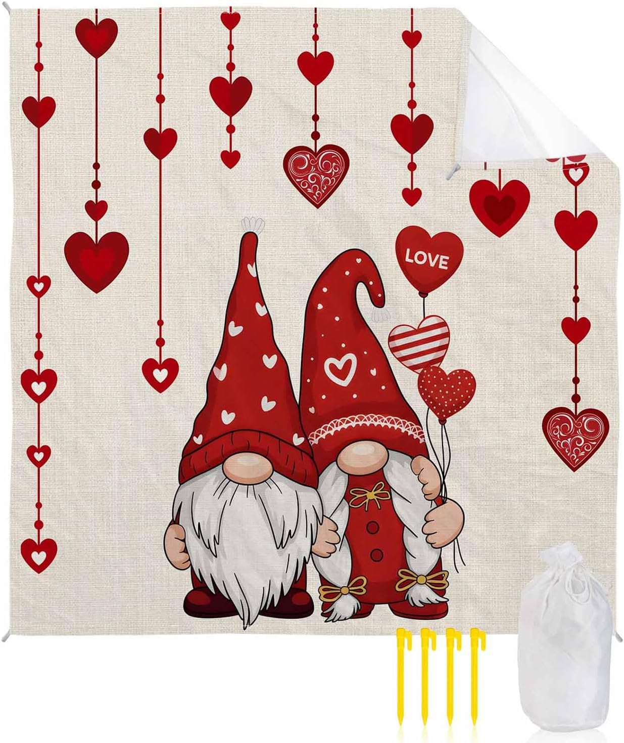 Beach Blanket Waterproof Sandproof, Valentine's Day Romantic Dwarfs Quick Drying Beach Mat with 4 Stakes, Red Love Hearts Farm Linen Lightweight Picnic Blanket for Travel Camping Outdoor 118"x108"