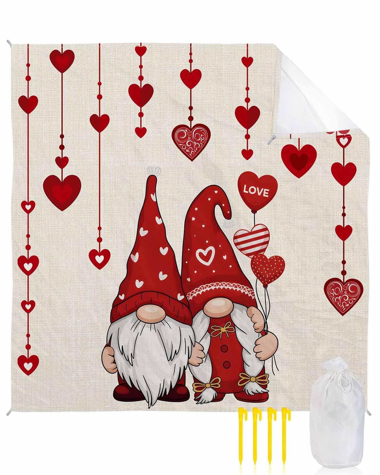 Beach Blanket Waterproof Sandproof, Valentine's Day Romantic Dwarfs Quick Drying Beach Mat with 4 Stakes, Red Love Hearts Farm Linen Lightweight Picnic Blanket for Travel Camping Outdoor 118"x108"