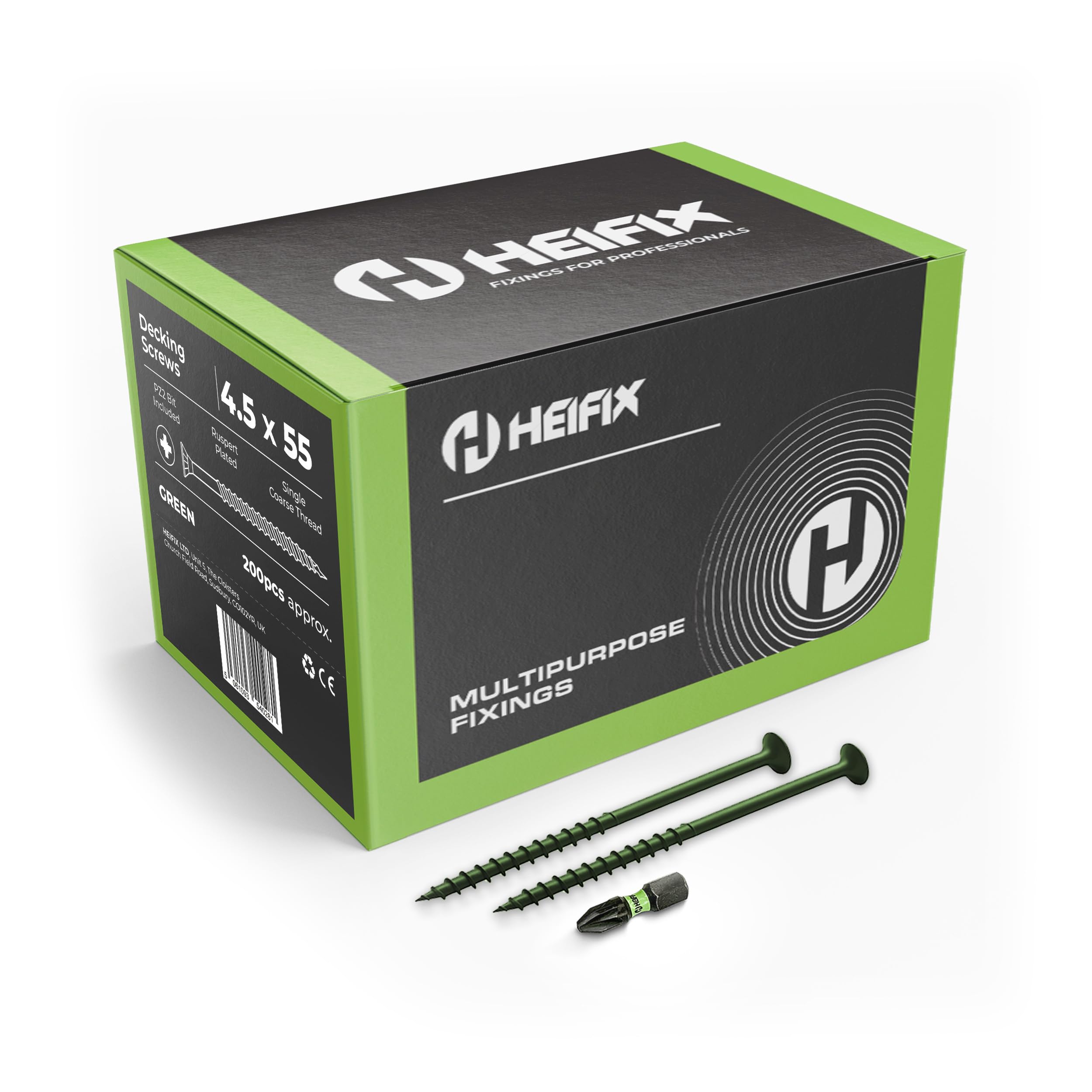 Heifix Decking Screws Pozi Countersunk - FREE Screw Bit Included (QTY 200, 4.5 x 55mm)
