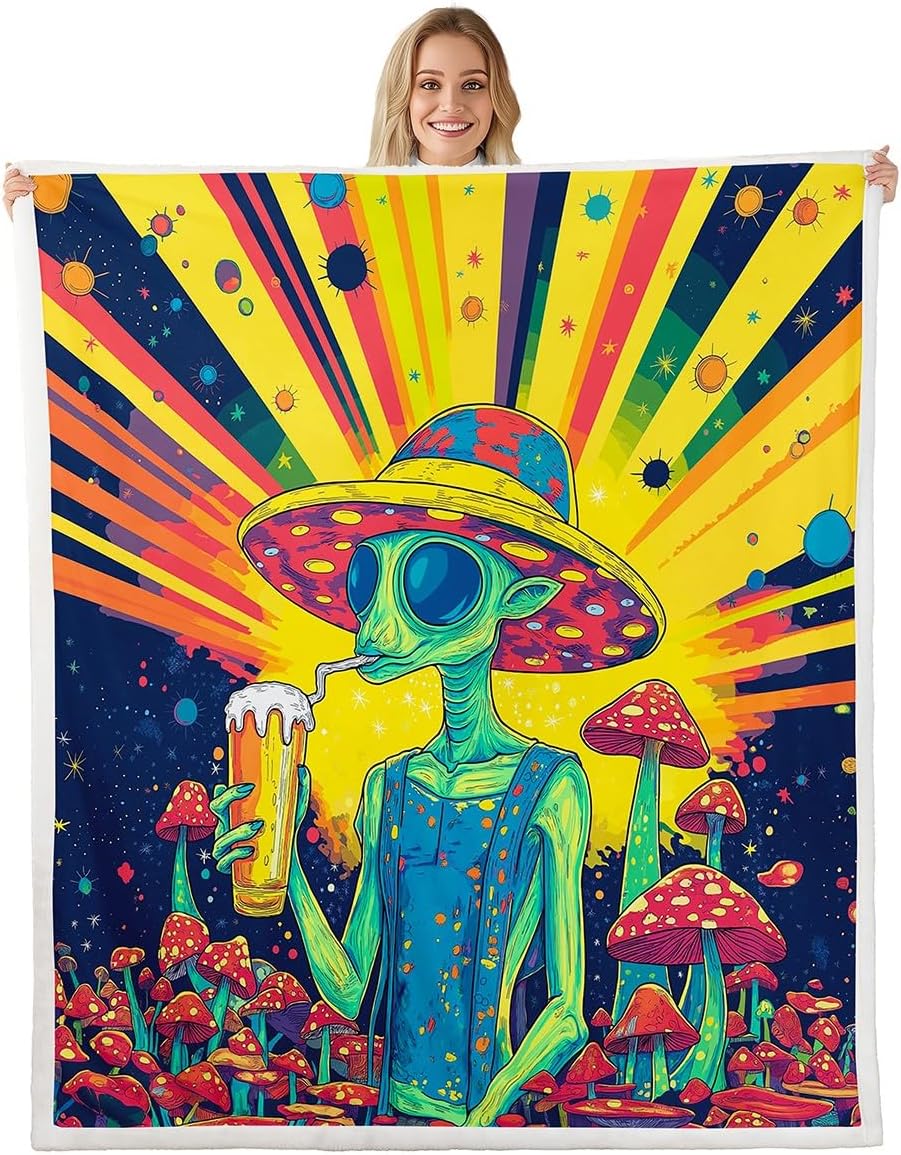 Erosebridal Abstract Alien Queen 90"X90" Throw Blanket for Kids Boys Girls Teen Bed,Outer Space Theme UFO Sherpa Blanket Boho Mushroom Fleece Blanket Galaxy Planet Holiday Fuzzy Blanket