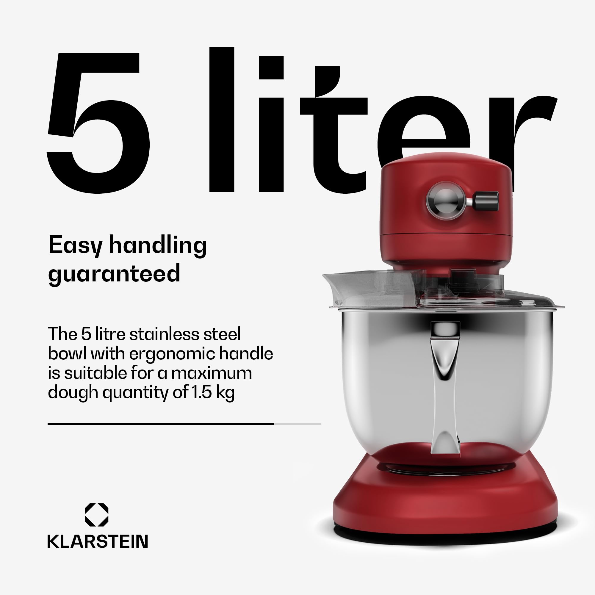 Klarstein Chiara 1600W Robot kuchenny – Misa ze stali 5L, 12 prędkości, Wyświetlacz dotykowy LCD, Cichy ≤72 dB, Zestaw cukierniczy do zmywarki, Obudowa z odlewu aluminiowego, Czerwony