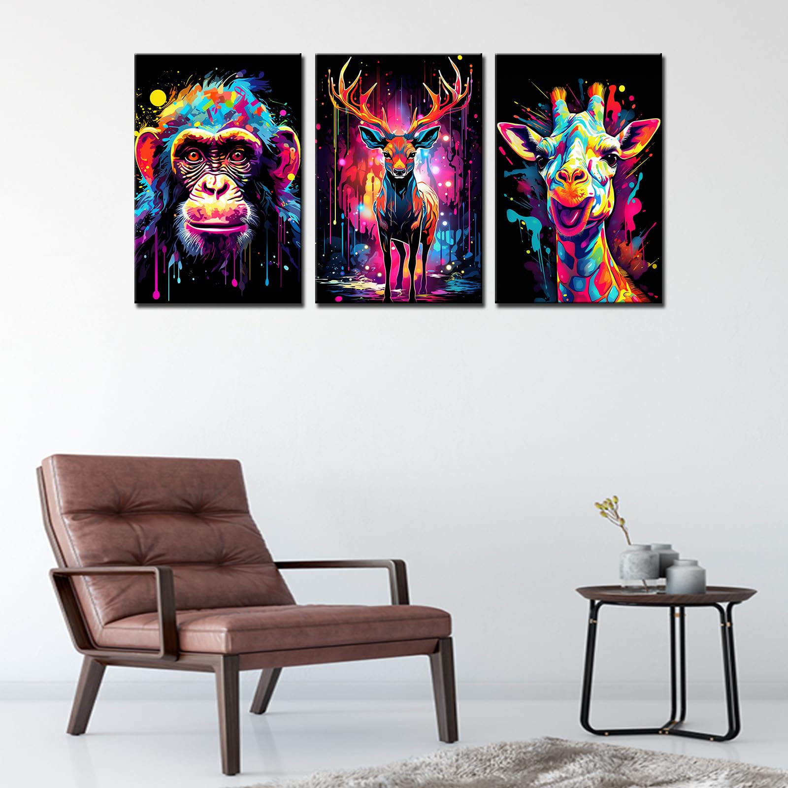 Tucocoo Living Room Wall Art Decor Monkey Deer Giraffe Pictures Animals Portrait Paintings 3 Panel Canvas Graffiti Colourful Modern Artwork Home Decorations Wooden Framed Ready to Hang 48''Wx24''H - Image 4