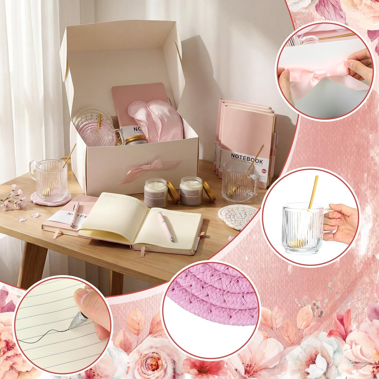 Ctosree 6 Set/48 Pcs Pink Baby Shower Game Prizes for Winners Include Ceramic Mug, Spoon, Notebook, Pen, Coaster, Scented Candle, Eye Mask and Gift Box for Wedding Bridal Baby Shower Games Prize Gift